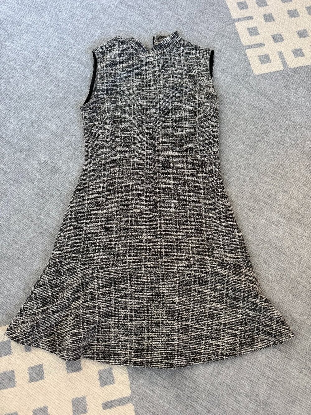 Mango Mini Dress Women 4 Black White Tweed Mock Neck Fit Flare Ruffle Hem Preppy